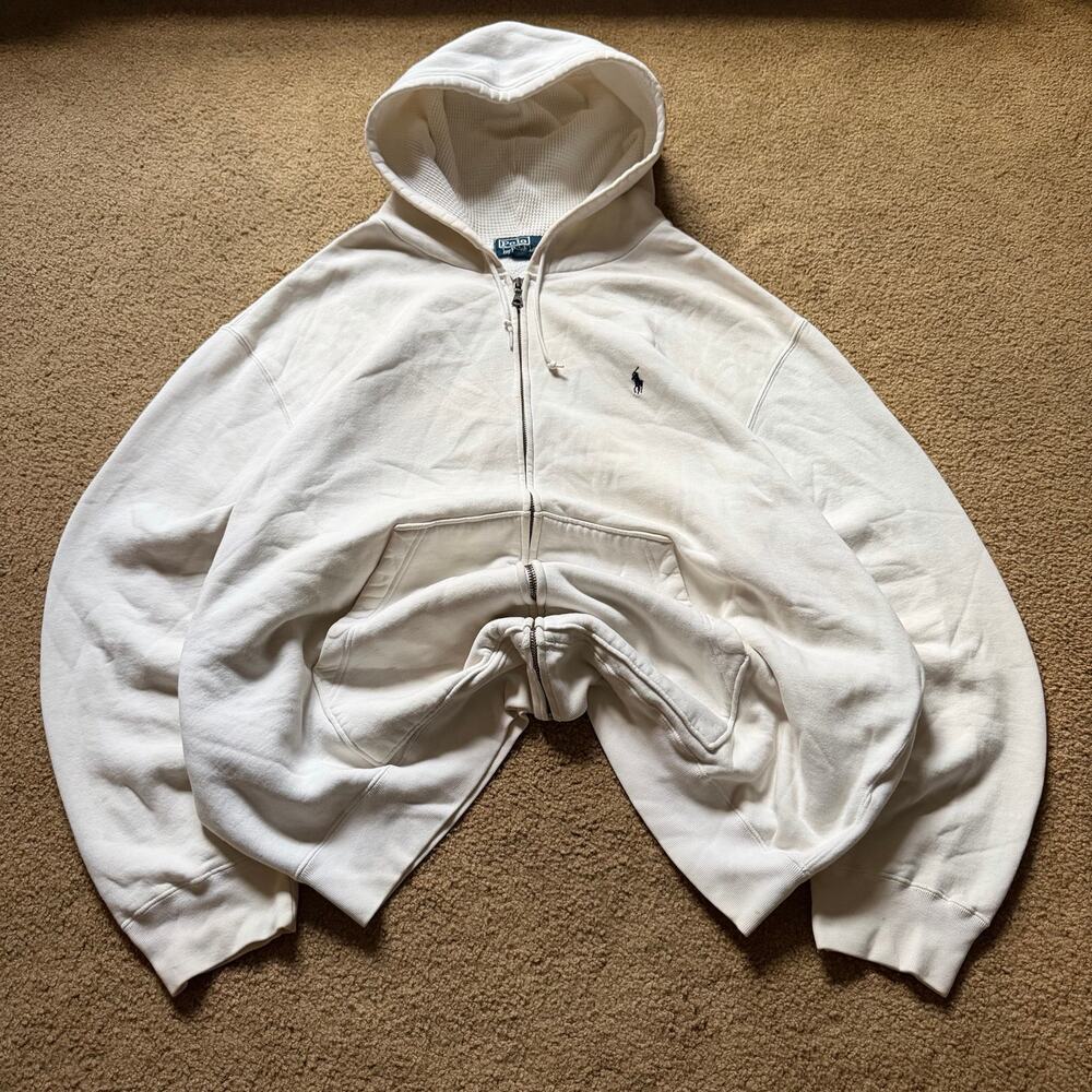 Vintage 90s Polo Ralph Lauren Zip Up Hoodie Mens 2XL White Waffle Lined Heavy